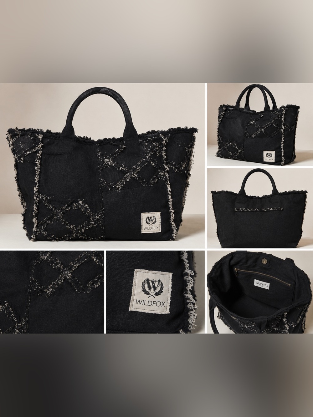 NWT Wildfox Black Frayed Denim Canvas Tote Bag Oversized Shopper $88 MSRP - Picture 1 of 7